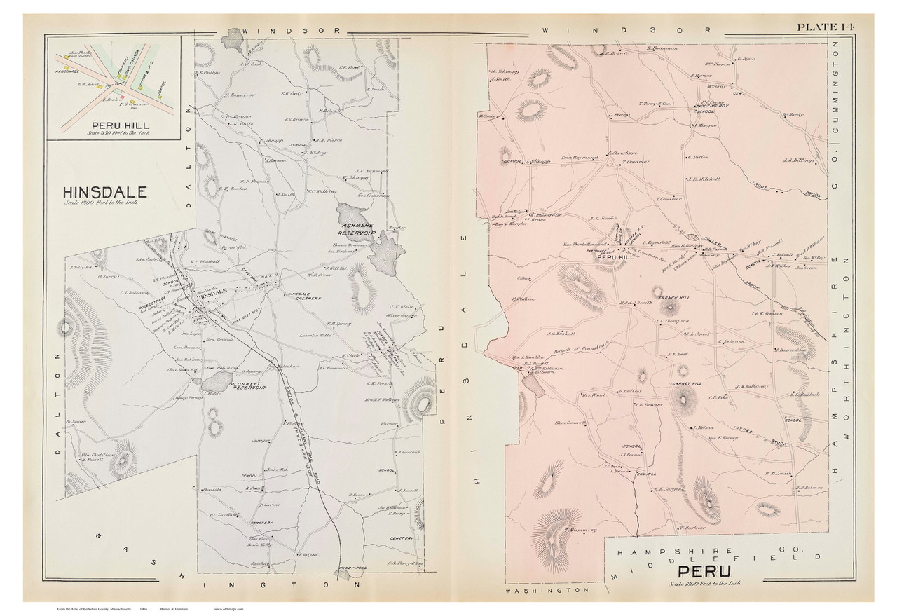 Hinsdale & Peru, Massachusetts 1904 Old Town Map Reprint Berkshire Co