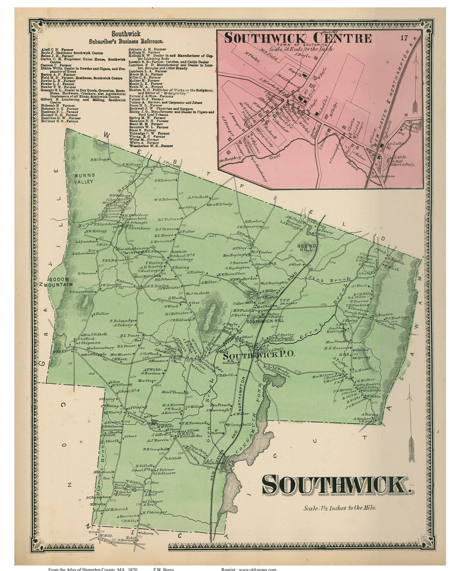 Southwick & Southwick Centre, Massachusetts 1870 Old Town Map Reprint