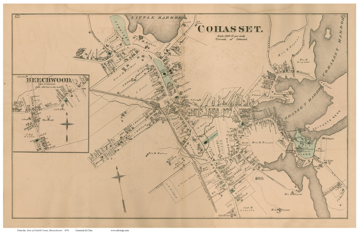 Cohasset and Beechwood Villages, Massachusetts 1876 Old Town Map