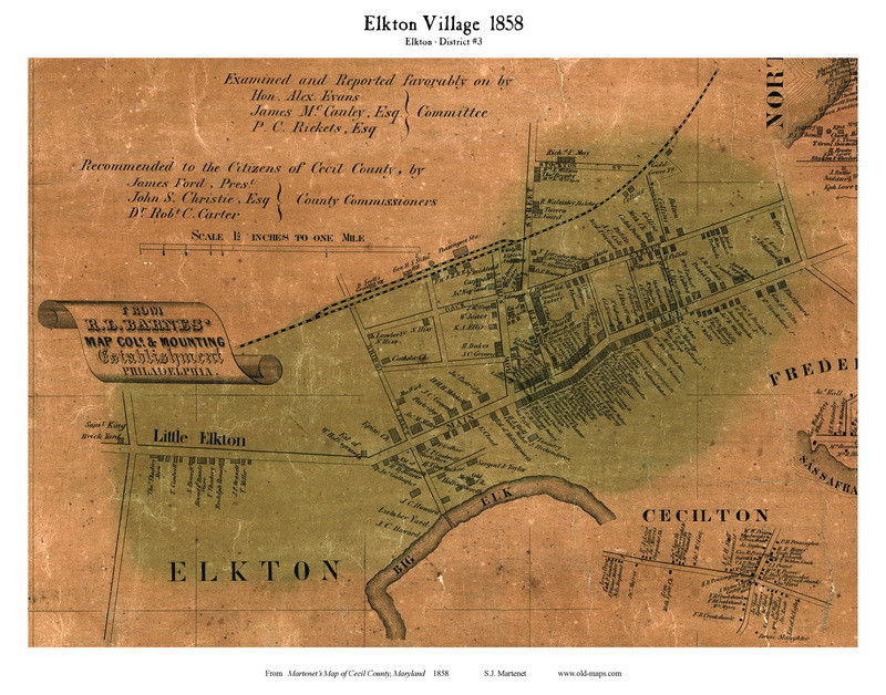 Elkton Village - Elkton, Maryland 1858 Old Town Map Custom Print