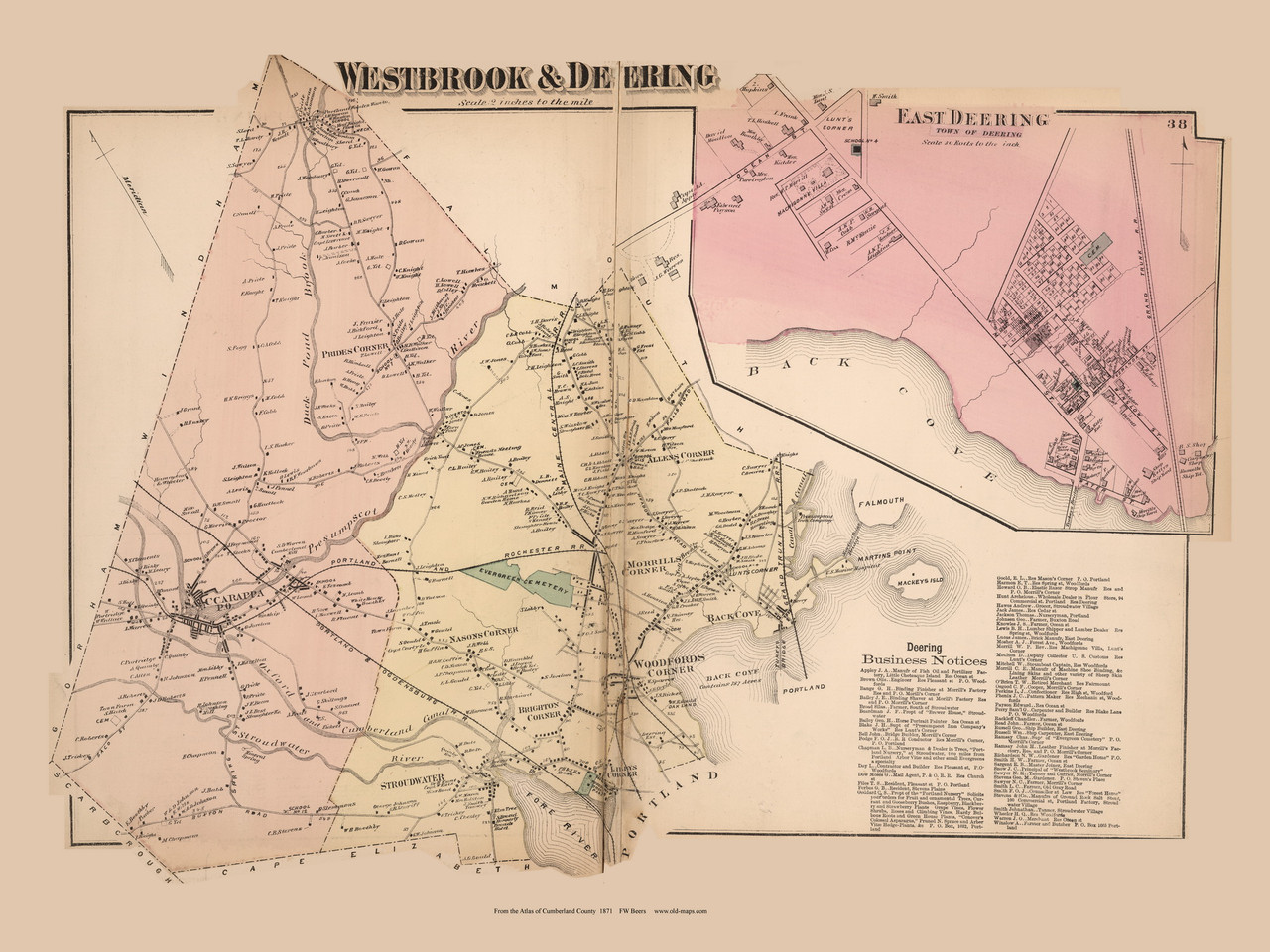 Westbrook and Deering Towns, East Deering Village, Maine 1871 Old Town