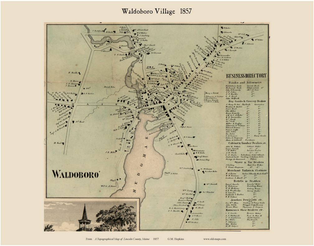 Map Of Waldoboro Maine Waldoboro Village, Maine 1857 Old Town Map Custom Print   Lincoln 