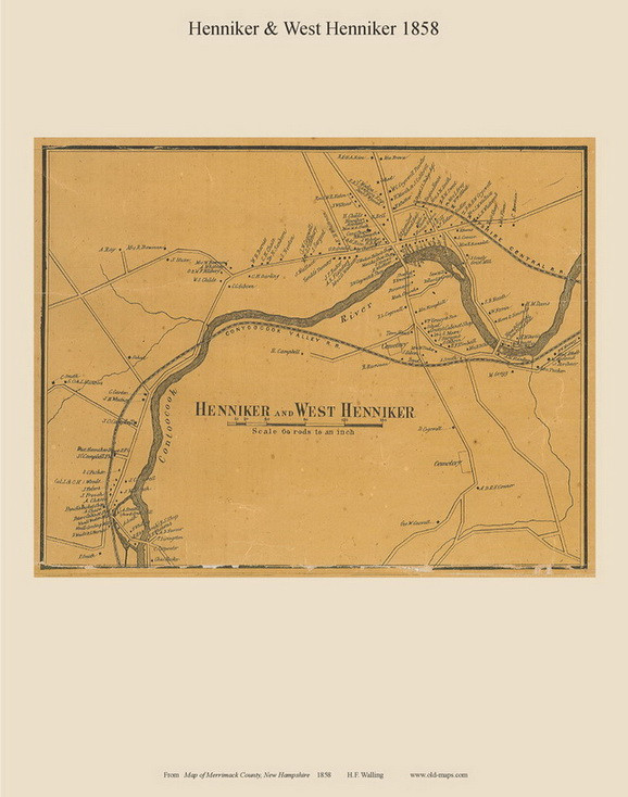 Henniker and West Henniker Villages, New Hampshire 1858 Old Town Map