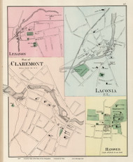 Claremont, Laconia, Lebanon, and Hanover, New Hampshire 1877 Old Map Reprint - Comstock & Cline State Atlas - Sullivan Co.