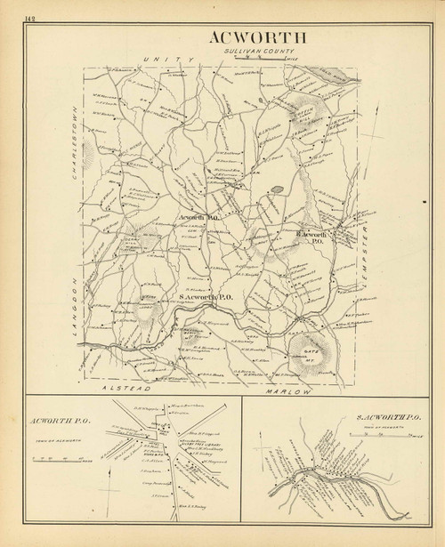 Acworth Town, Acworth P.O., South Acworth P.O., New Hampshire 1892 Old Town Map Reprint Hurd