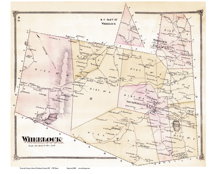 Wheelock, Vermont 1875 Old Town Map Reprint Caledonia Co. OLD MAPS