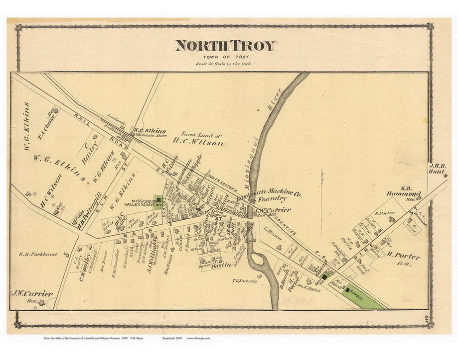 North Troy Village, Vermont 1878 Old Town Map Reprint Orleans Co