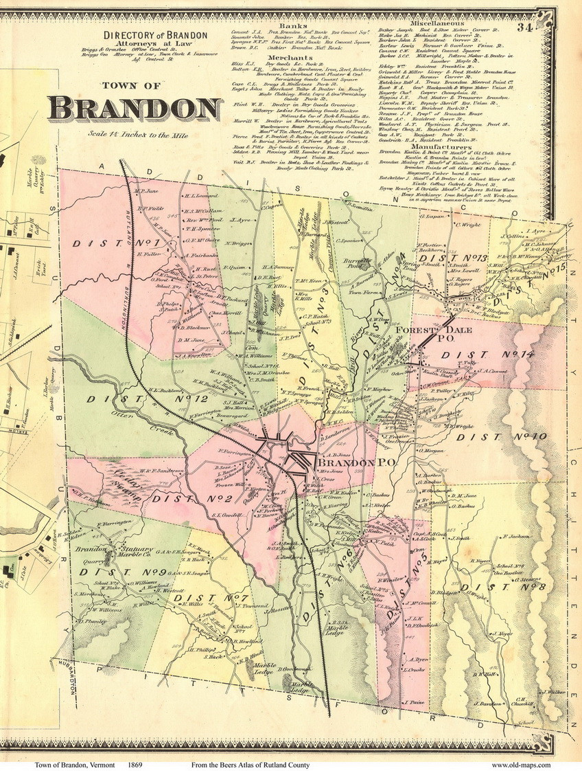 Brandon, Vermont 1869 Old Town Map Reprint - Rutland Co. - OLD MAPS