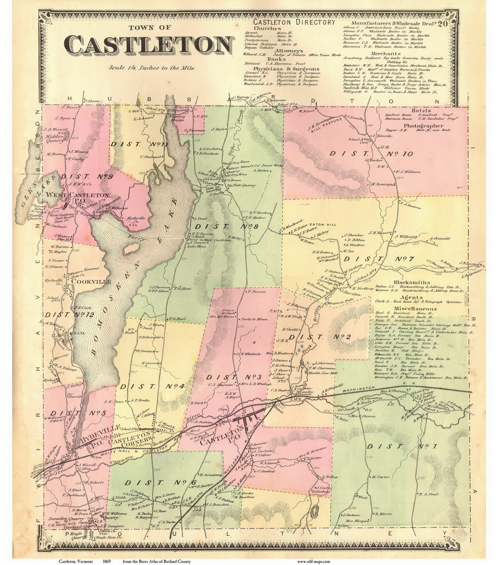 Castleton, Vermont 1869 Old Town Map Reprint Rutland Co. OLD MAPS