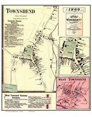 Townshend & West Townshend Villages, Vermont 1869 Old Town Map Reprint - Windham Co.