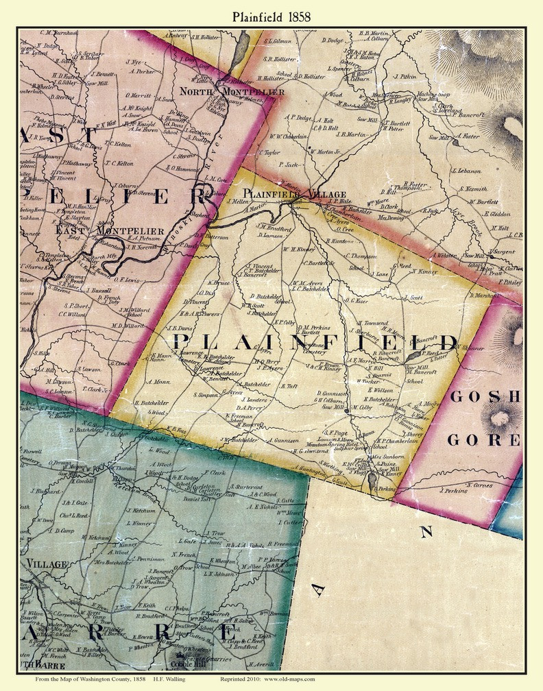 Plainfield, Vermont 1858 Old Town Map Custom Print - Washington Co ...