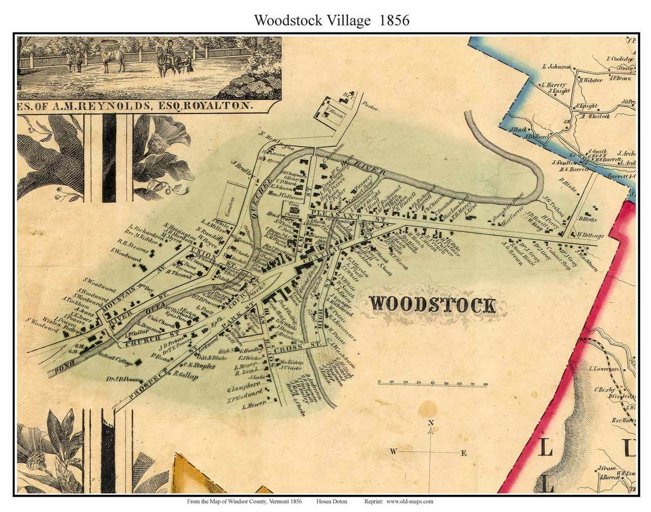 Woodstock Village, Vermont 1856 Old Town Map Custom Print - Windsor Co 