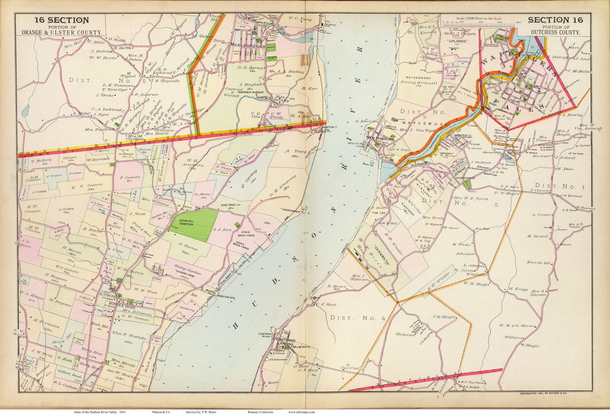 Newburgh and Wappingers Falls, 1891 Old Map Reprint NY Hudson River