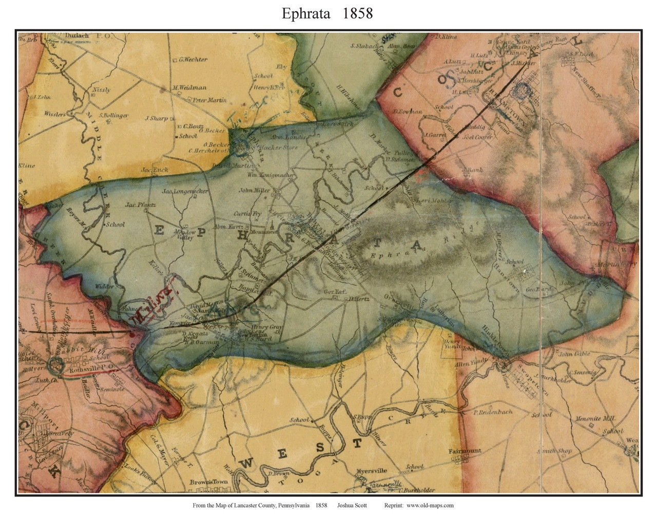 Ephrata Township Pennsylvania 1858 Old Town Map Custom Print Lancaster Co Old Maps 4897