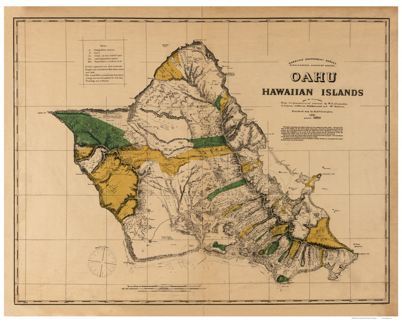 Island Of Oahu Hawaii 1881 Old Map Reprint Old Maps