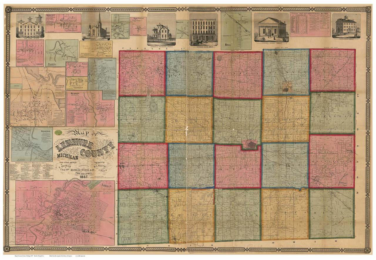 Lenawee County Michigan 1857 Old Map Reprint Old Maps 1388