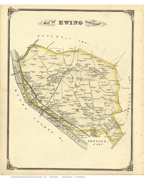 Ewing Township, New Jersey 1875 Old Town Map Reprint Mercer Co. OLD