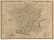 France 1860 Railroads with Routes  - Old Map Reprint
