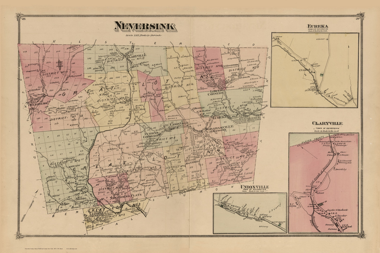 Neversink, New York 1875 Old Town Map Reprint Sullivan Co. Atlas OLD MAPS