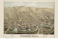 Fitchburg, Massachusetts 1875 Bird's Eye View - Old Map Reprint BPL