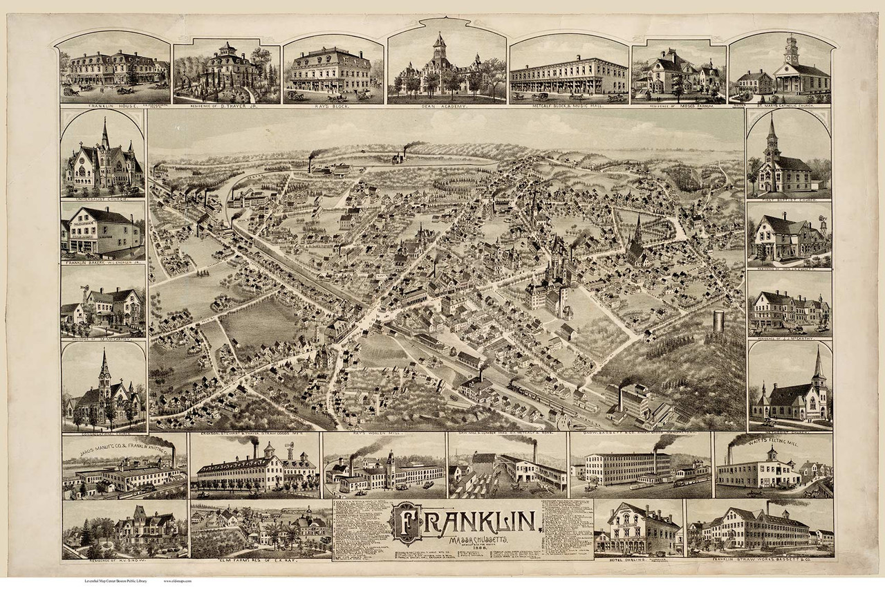Franklin, Massachusetts 1888 Bird's Eye View - Old Map Reprint BPL - OLD MAPS