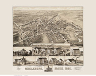 Middleboro, Massachusetts 1881 Bird's Eye View - Old Map Reprint BPL