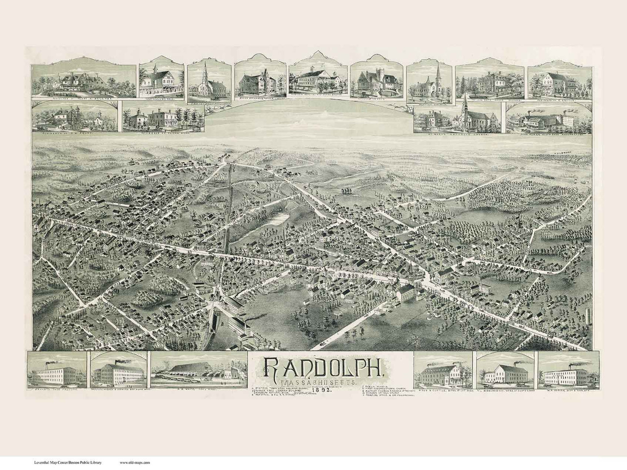 Randolph, Massachusetts 1892 Bird's Eye View Old Map Reprint BPL