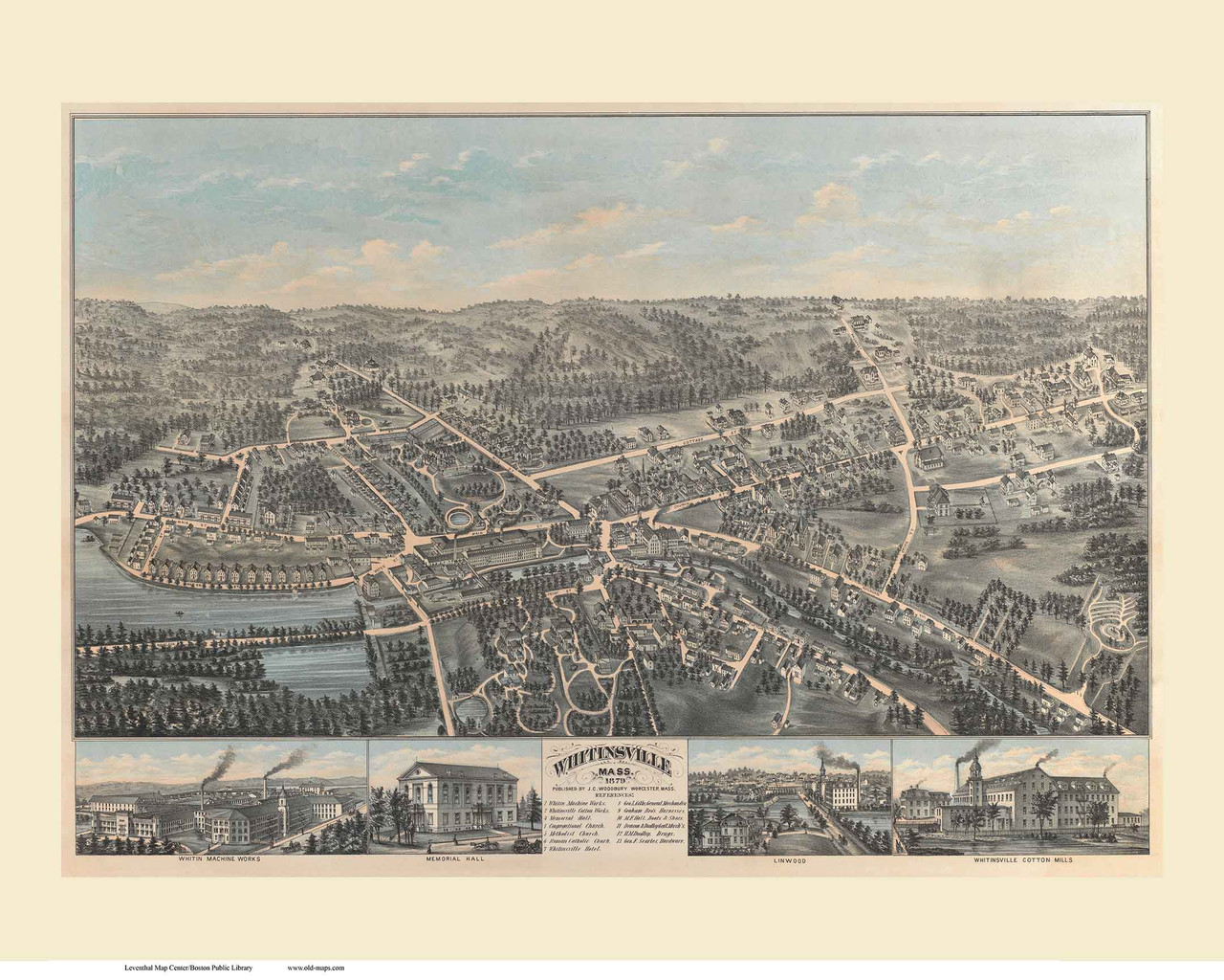 Whitinsville, Massachusetts 1879 Bird's Eye View - Old Map Reprint BPL ...