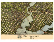 Bridgeport Downtown, Connecticut 1875 Bird's Eye View - Old Map Reprint