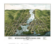 Mystic River & Mystic Bridge, Connecticut 1879 Bird's Eye View - Old Map Reprint LC