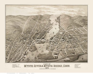 Mystic River & Mystic Bridge, Connecticut 1879 Bird's Eye View - Old Map Reprint BPL