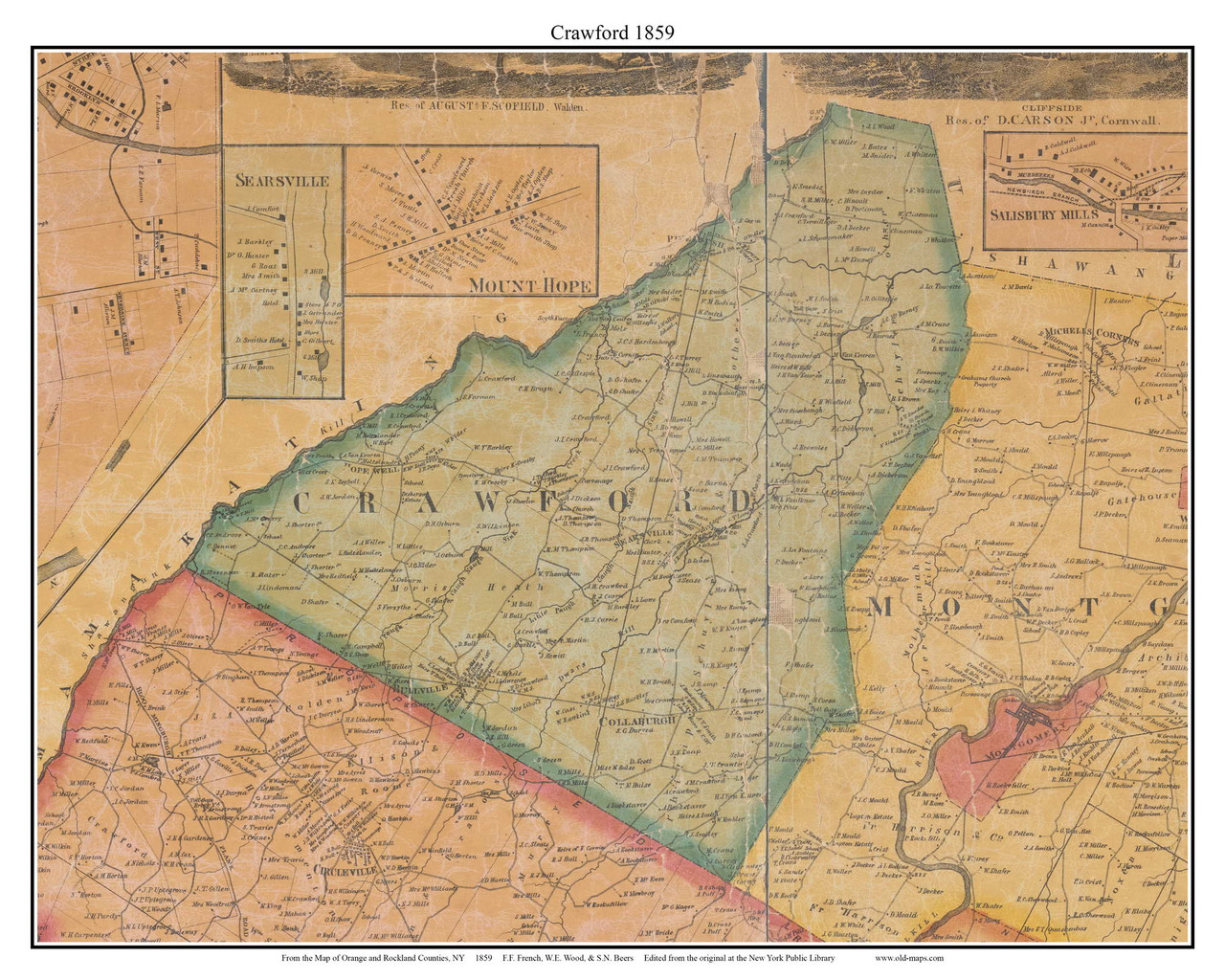 Crawford, New York 1859 Old Town Map Custom Print with Homeowner Names