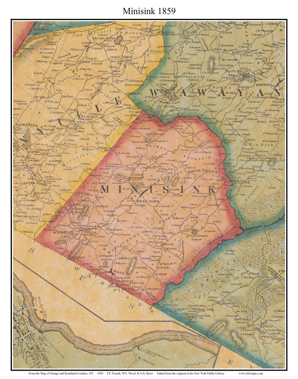 Minisink, New York 1859 Old Town Map Custom Print with Homeowner Names