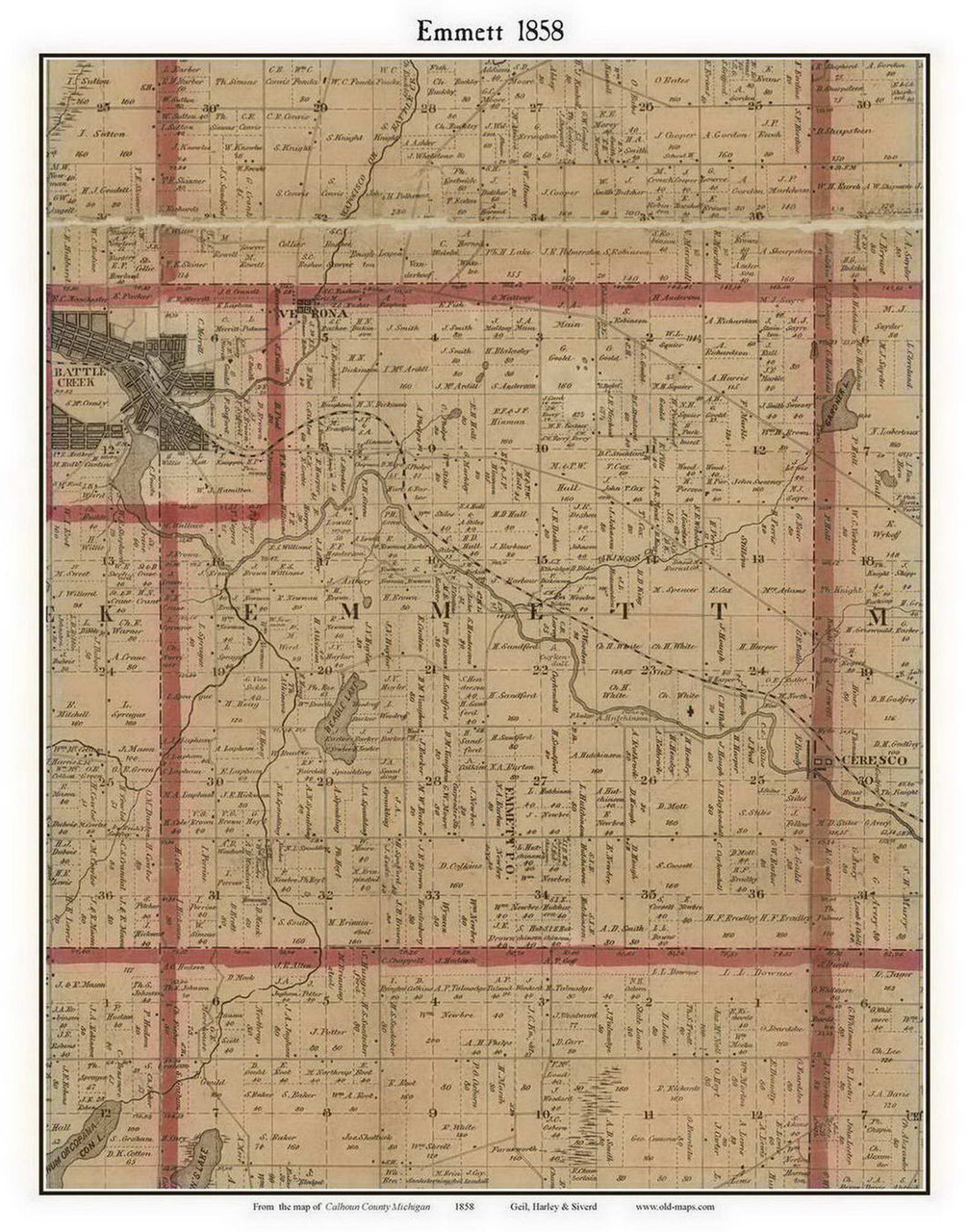 Emmett Michigan 1858 Old Town Map Custom Print Calhoun Co Old Maps 1424