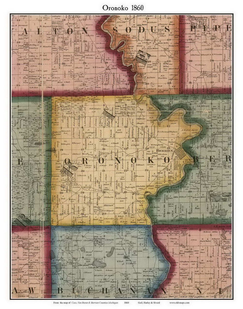 Oronoko, Michigan 1860 Old Town Map Custom Print Berrien Co. OLD MAPS