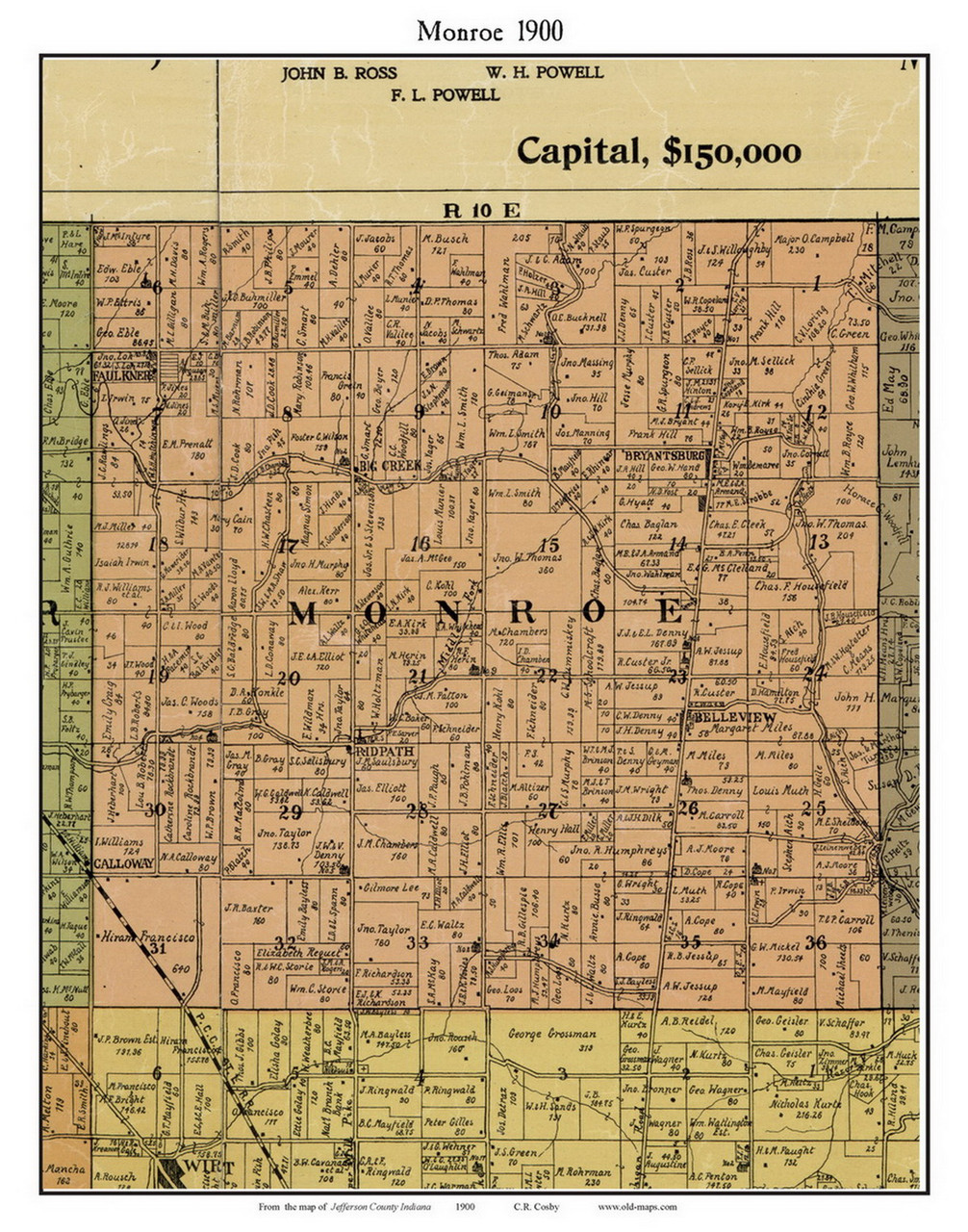 Monroe, Indiana 1900 Old Town Map Custom Print Jefferson Co. OLD MAPS