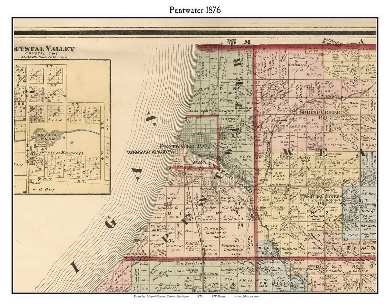Pentwater, Michigan 1876 Old Town Map Custom Print Oceana Co. OLD MAPS