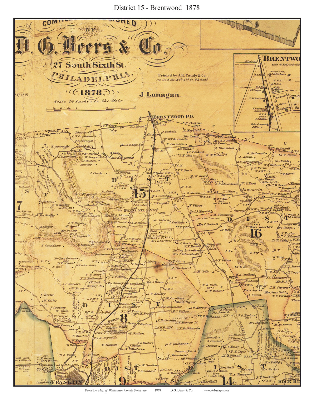 District 15 - Brentwood, Tennessee 1878 Old Town Map Custom Print ...