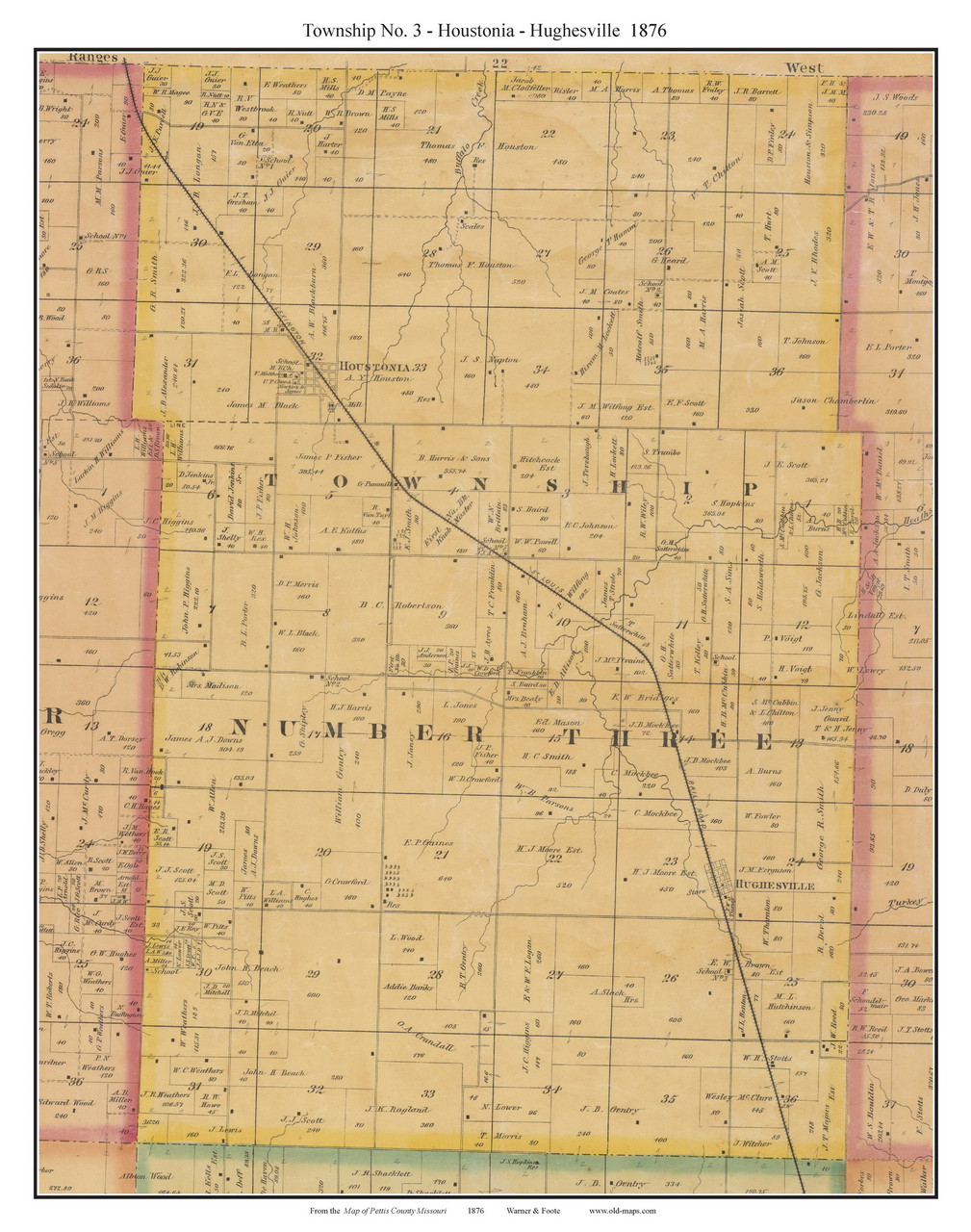 Township No. 3 Houstonia Hughesville, Missouri 1876 Old Town Map Custom Print Pettis Co