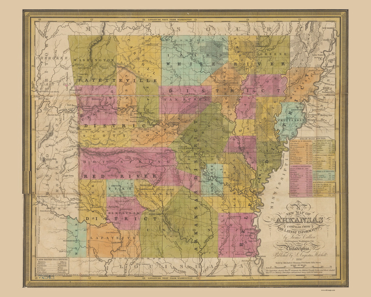 Arkansas 1836 Mitchell Old State Map Reprint Old Maps 7930