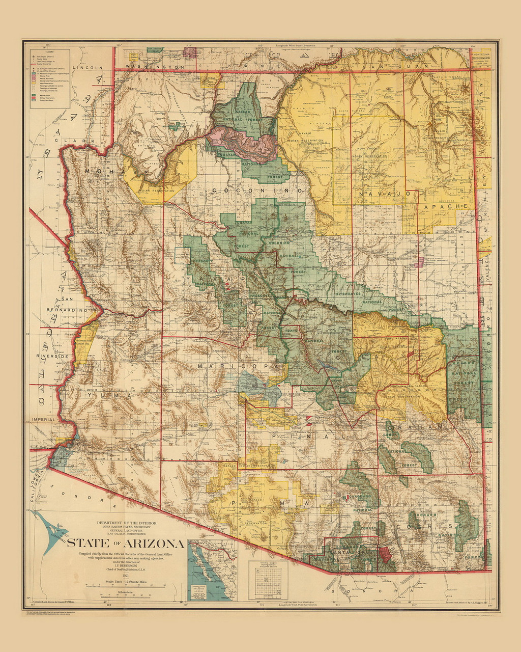 Arizona 1921 GLO - Old State Map Reprint - OLD MAPS