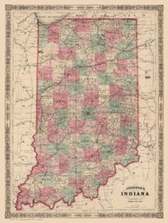 Indiana 1864 Johnson - Old State Map Reprint