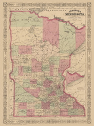 Minnesota 1865 Johnson's Minnesota - Old State Map Reprint