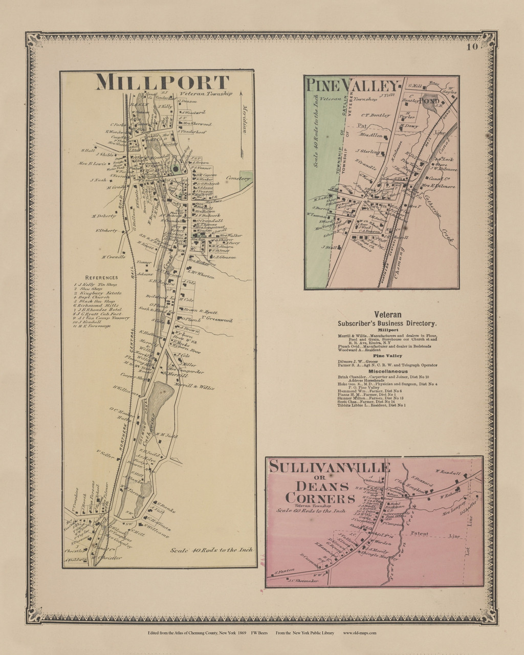 Millport, Pine Valley & Sullivanville, New York 1869 Old Town Map Reprint Chemung Co. Atlas