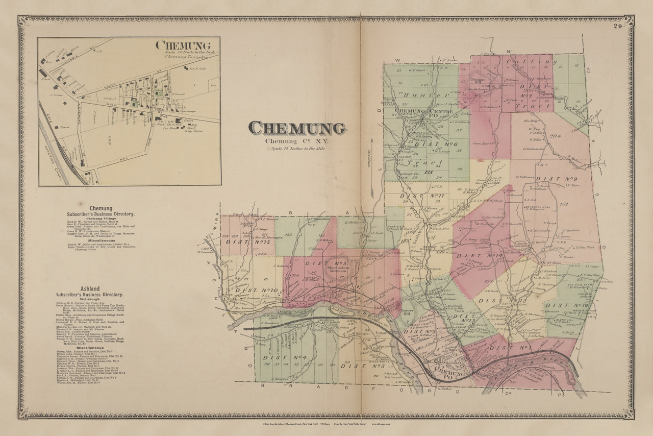 Chemung, New York 1869 Old Town Map Reprint Chemung Co. Atlas OLD