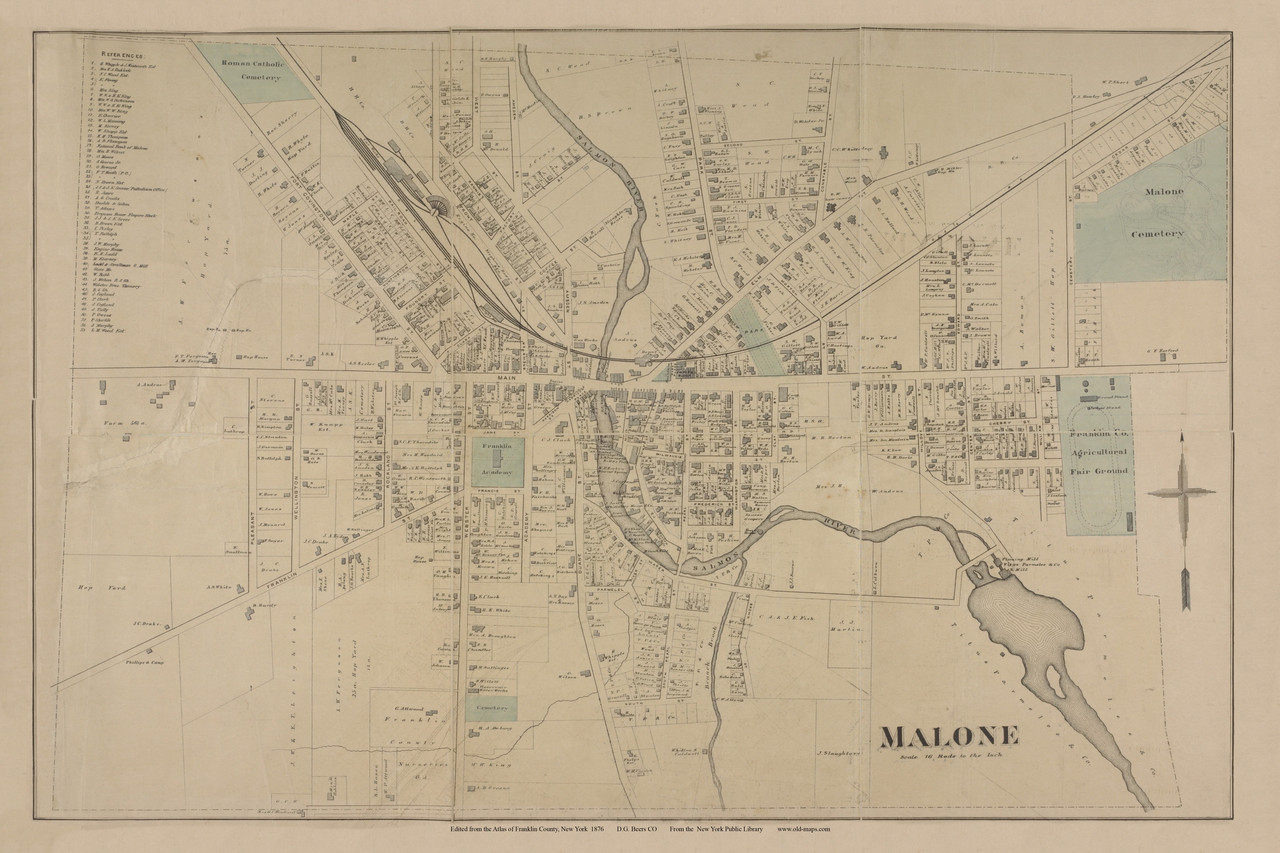 Malone Village, New York 1876 - Old Town Map Reprint - Franklin Co ...
