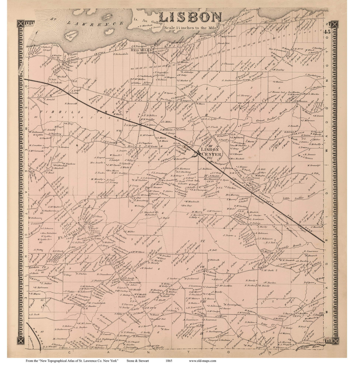 Lisbon, New York 1865 Old Town Map Reprint St. Lawrence Co. Atlas