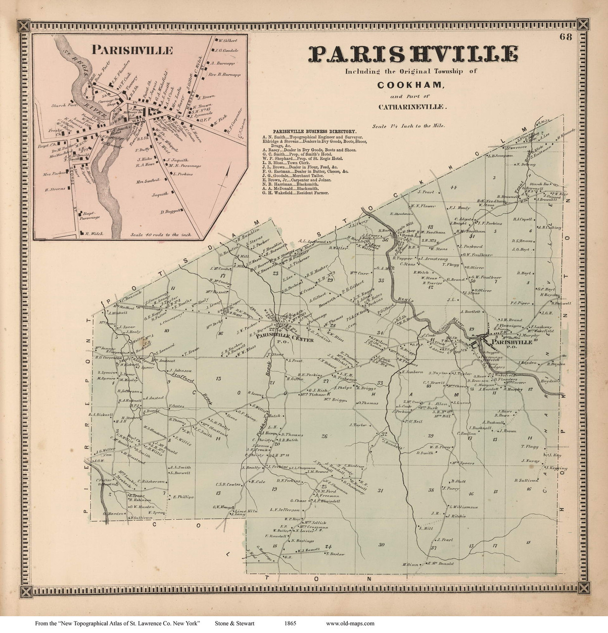 Parishville and Parishville Village, New York 1865 Old Town Map