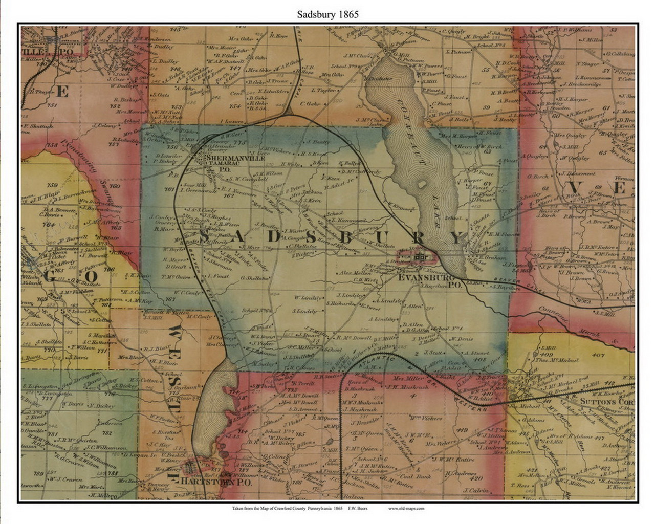 Sadsbury, Pennsylvania 1865 Old Town Map Custom Print Crawford Co