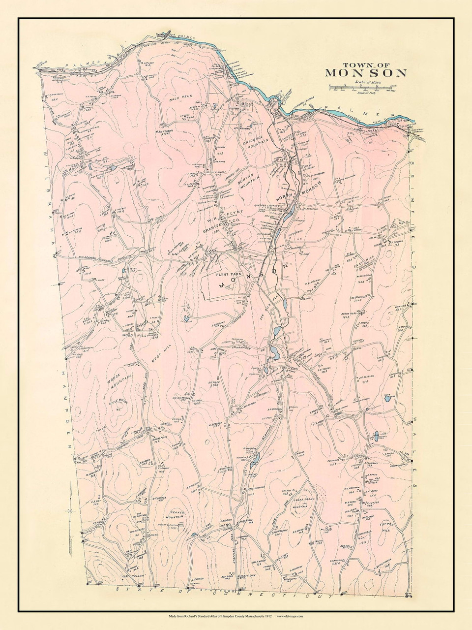 Monson, Massachusetts 1912 Old Town Map Custom Reprint Hampden Co. OLD MAPS